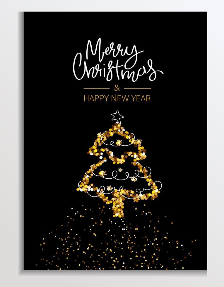 cartão glitter dourados com árvore de Natal. letras de feliz Natal e feliz ano novo. fundo brilhante, saudação ou cartão corporativo, cartaz, capa de férias. ilustração vetorial brilhante vetor