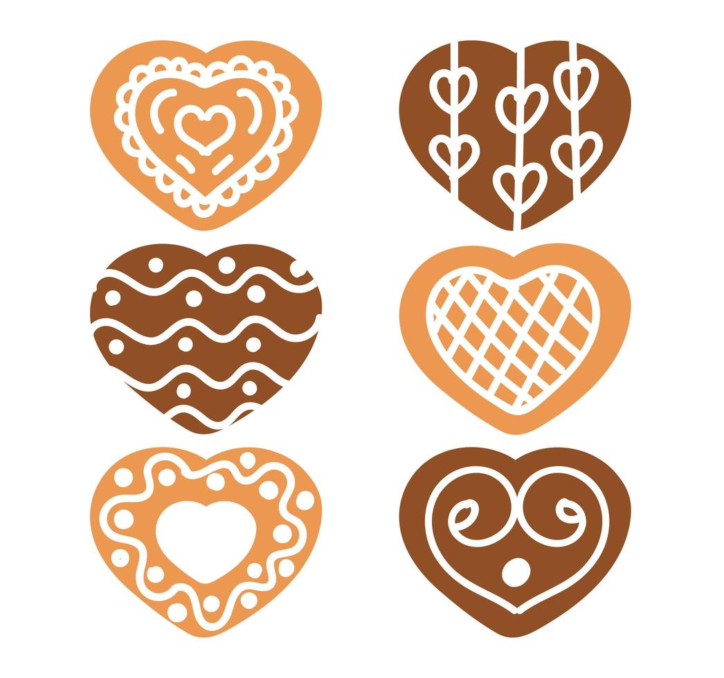coleção de biscoitos de gengibre. coleção de formato de coração dia dos namorados vetor