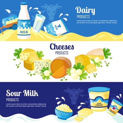Banners horizontais de leite e queijo vetor