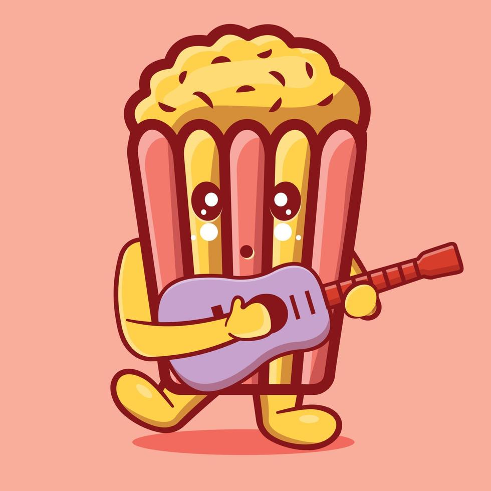 Mascote de pipoca fofa tocando guitarra isolado desenho animado em estilo simples vetor