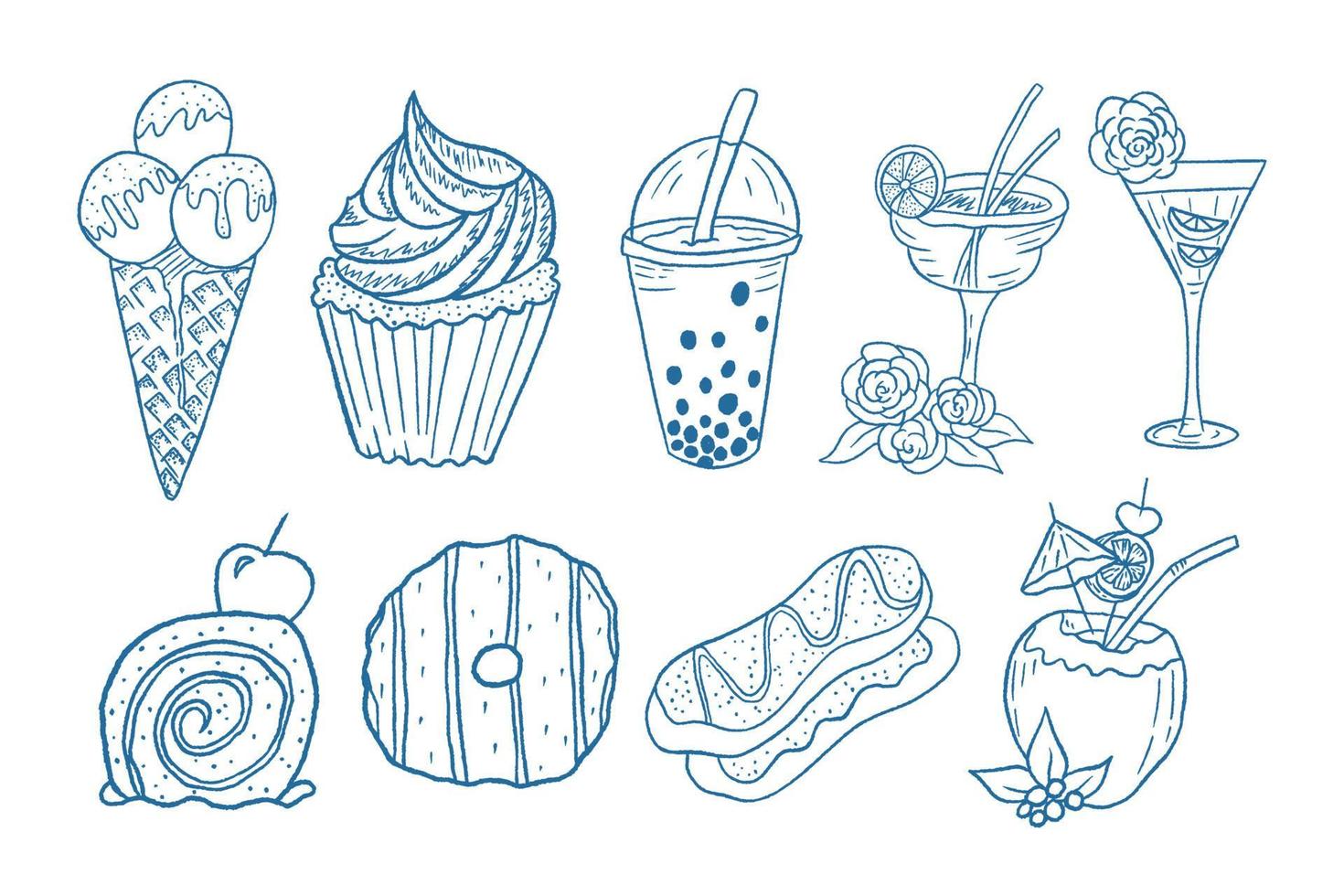 delinear coleção de ilustração de comida de lanches de doodle, livro para colorir vetor