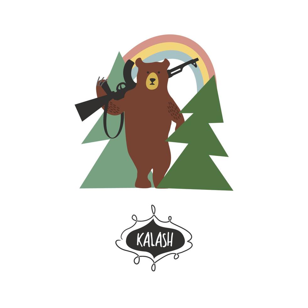 urso com um kalashnikov na floresta. ilustração vetorial. vetor