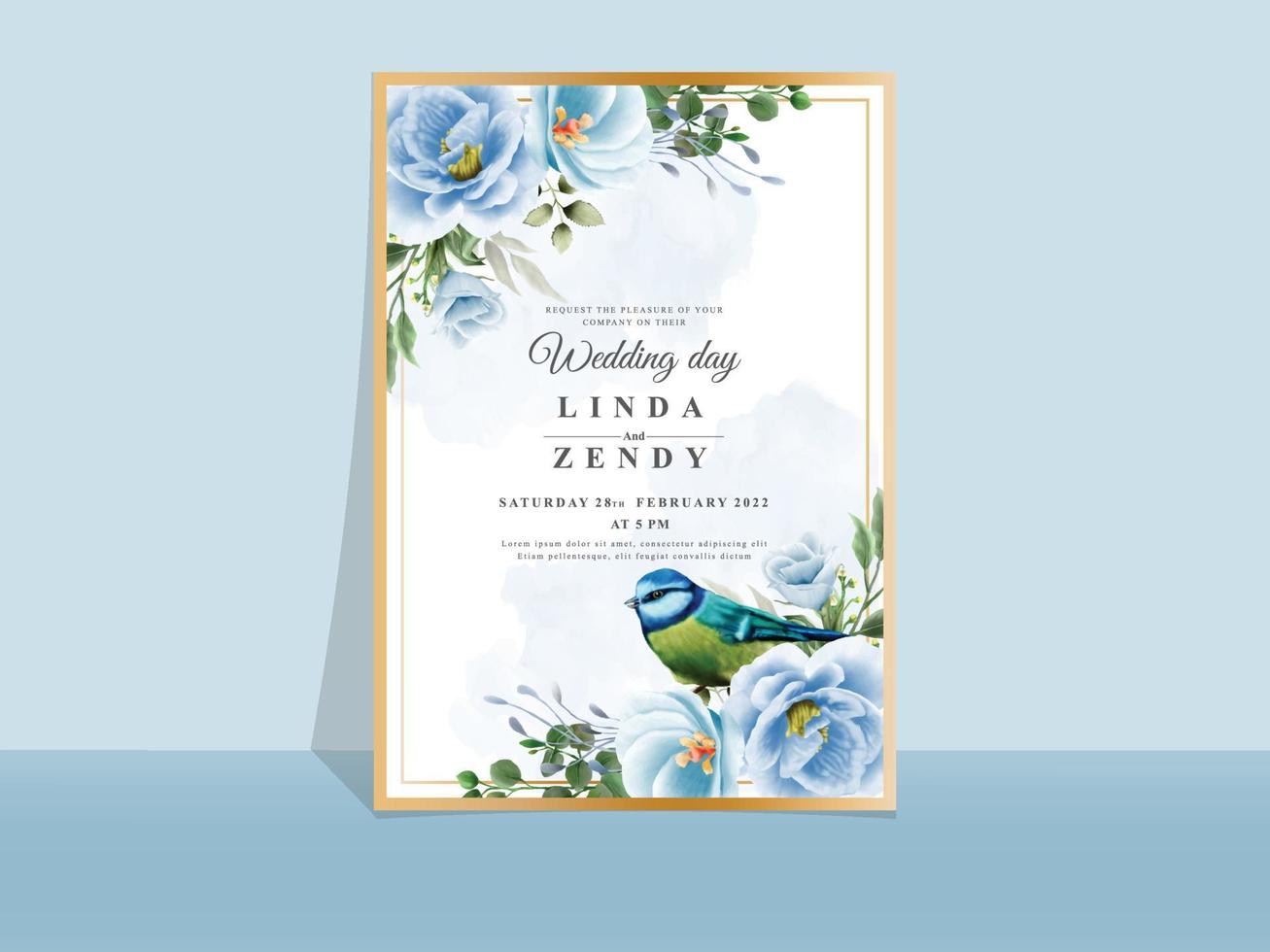 modelo de cartão de convite de casamento tema de flores azuis vetor