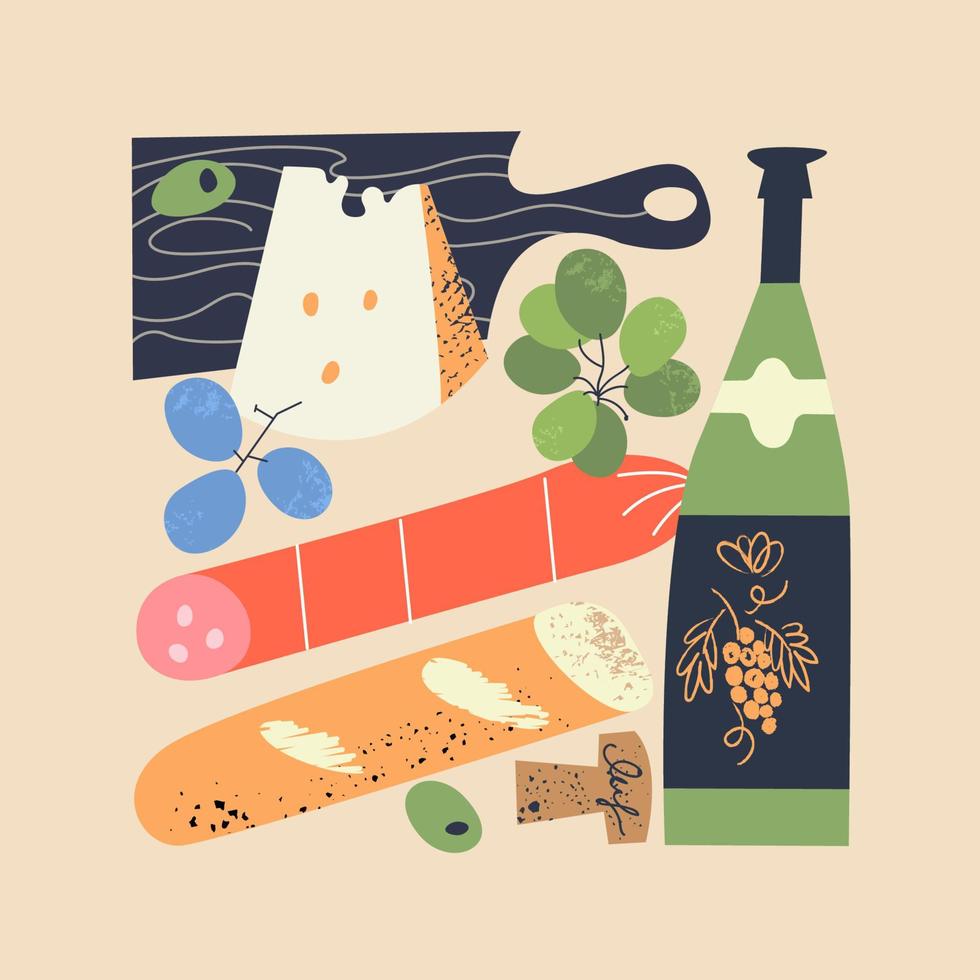 natureza morta da forma geométrica correta. vinho, queijo, uva, pão e salsicha. ilustração vetorial. vetor