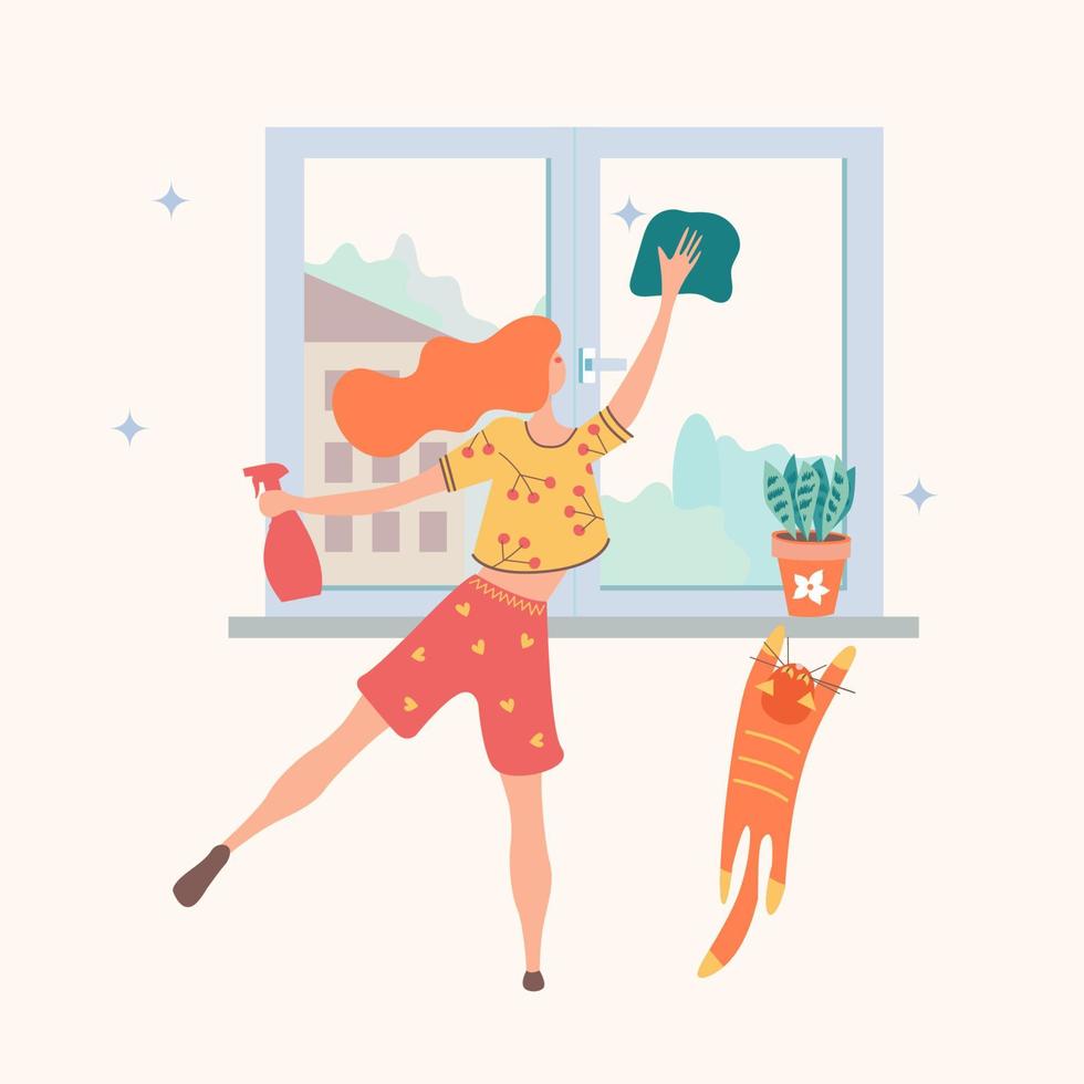 Limpeza de casa. ilustração vetorial sobre um fundo claro. a garota lava a janela. gato vermelho sobe no parapeito da janela. vetor