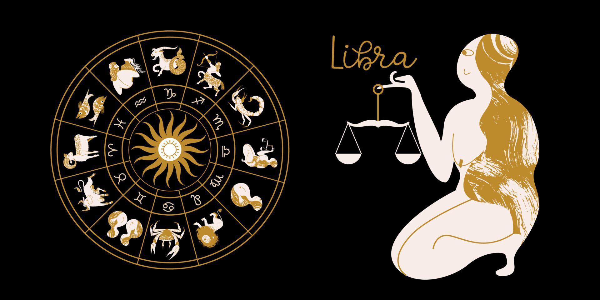 signo do zodíaco libra. horóscopo e astrologia. horóscopo completo no círculo. zodíaco de roda de horóscopo com vetor de doze signos.