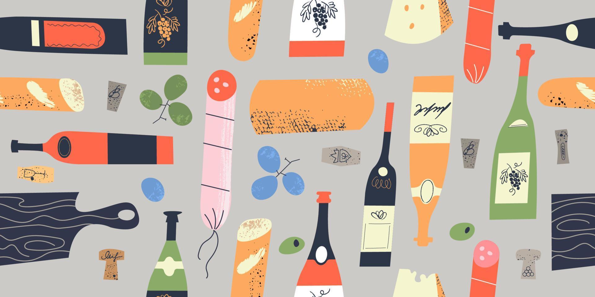 padrão sem emenda de garrafas de vinho, rolhas, copos e alimentos. ilustração vetorial. vetor