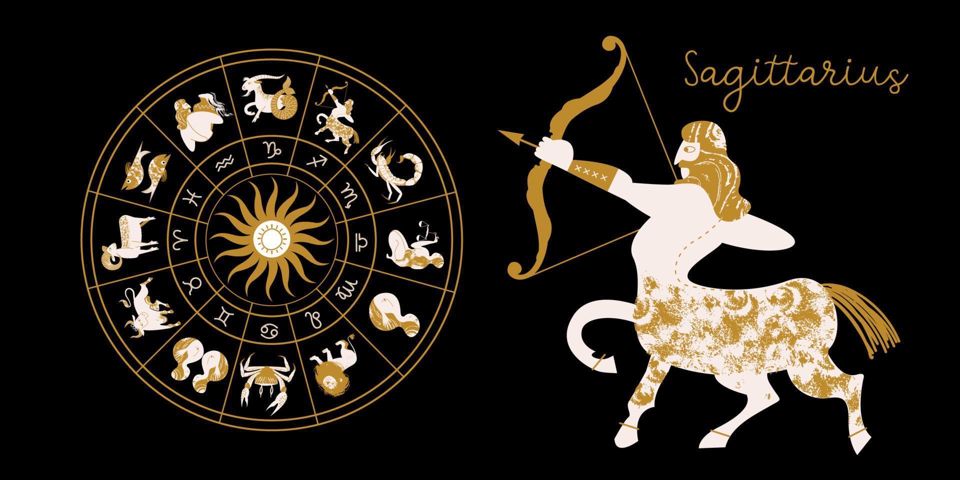 signo do zodíaco sagitário. horóscopo e astrologia. horóscopo completo no círculo. zodíaco de roda de horóscopo com vetor de doze signos.