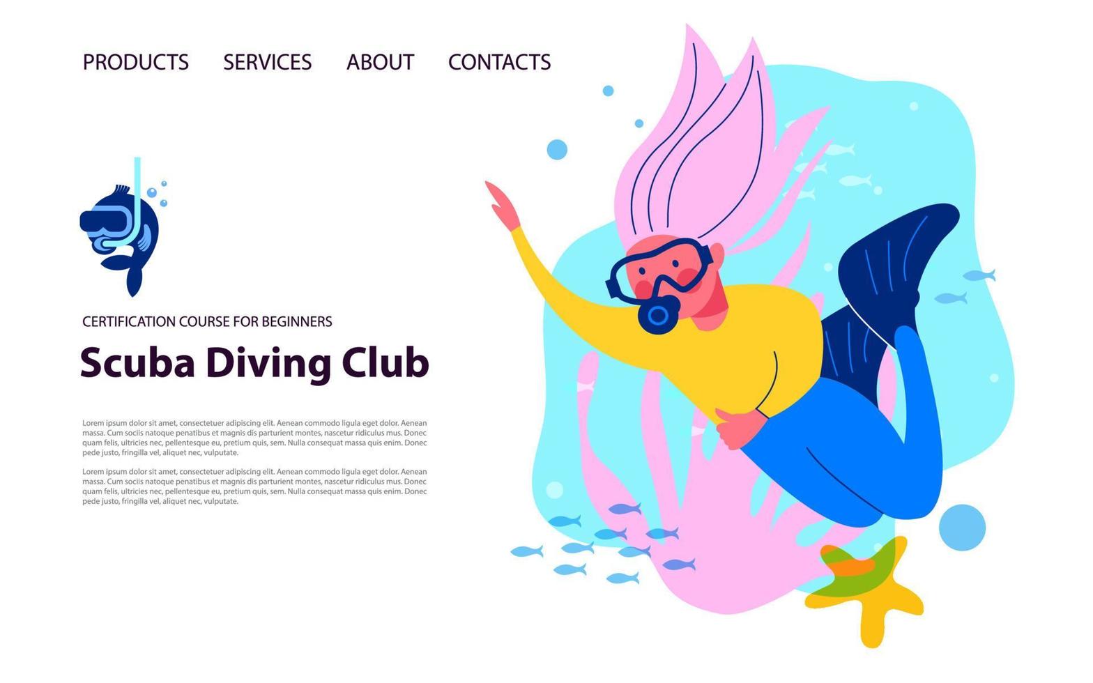 mergulho. esporte radical. natação subaquática. menina mergulhador e peixes exóticos e mundo subaquático. ilustração vetorial. vetor