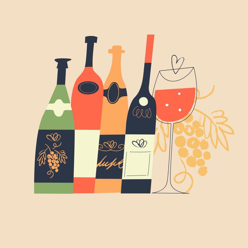 um conjunto de garrafas de vinho de diferentes cores e uma taça de vinho. festival do vinho. ilustração vetorial. vetor