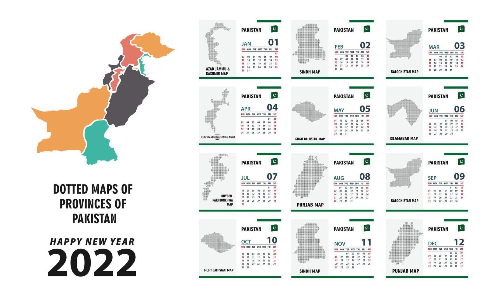 calendário 2022. mapa das províncias do Paquistão a semana começa no domingo. vetor do calendário de ano novo de 2022 em estilo simples de mesa limpa mínima em fundo branco