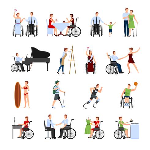 Conjunto de ícones plana de pessoas com deficiência vetor