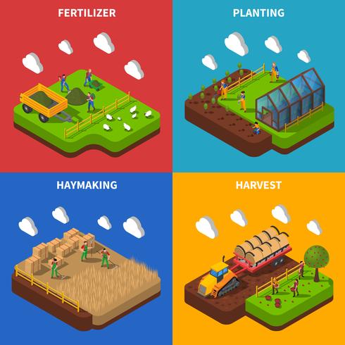Conjunto de ícones de conceito isométrico de agricultor vetor