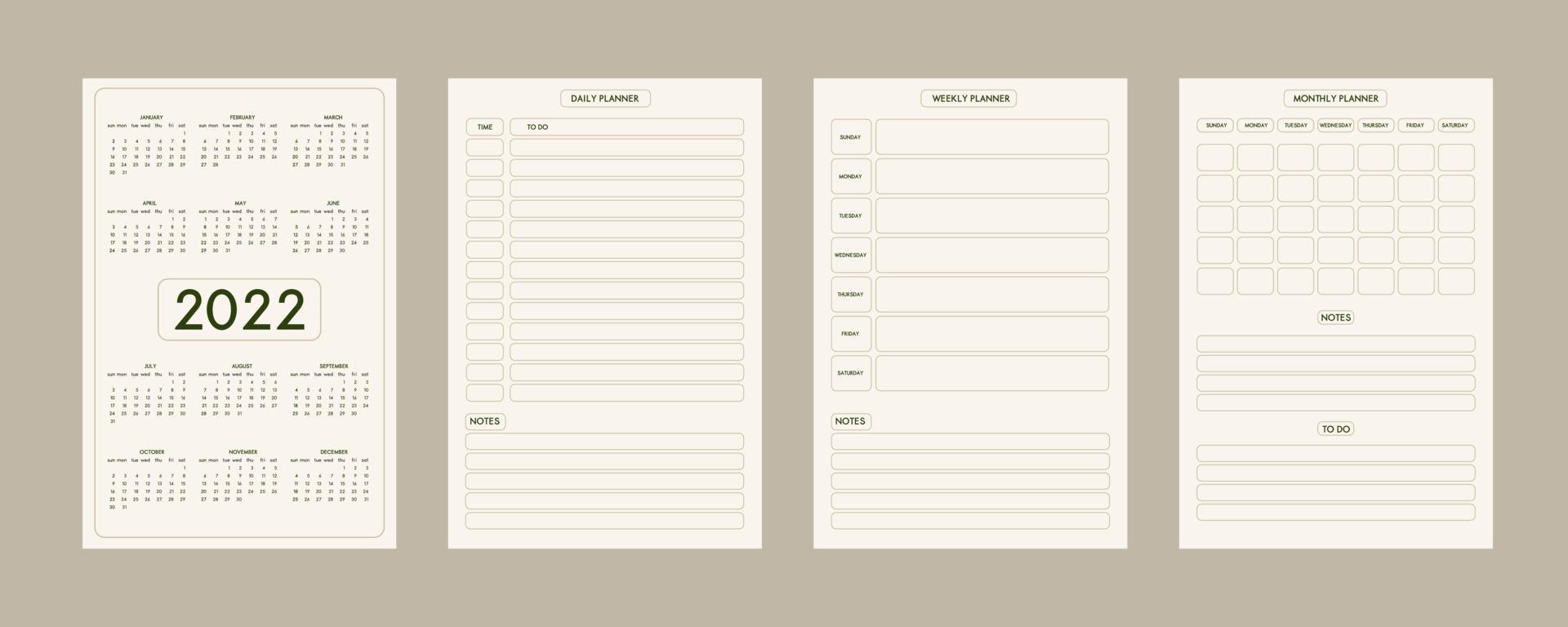 2022 calendário diário semanal mensal planejador pessoal modelo de diário estilo moderno minimalista, paleta de cores naturais verde-oliva bege pastel. semana começa no domingo vetor