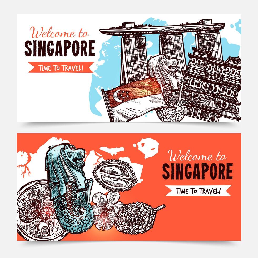 Banners de esboço desenhado de mão de Singapura vetor