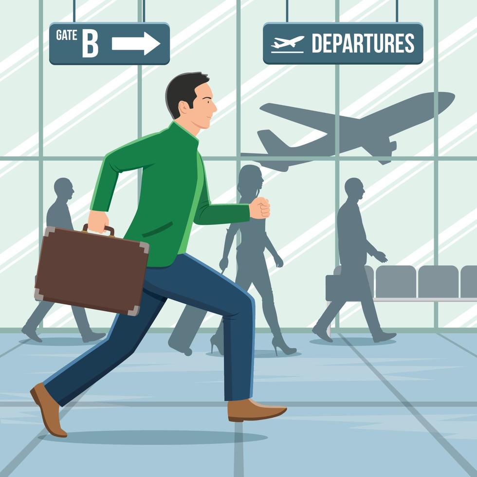 ilustração de um homem com bagagem correndo com pressa no terminal do aeroporto. vetor