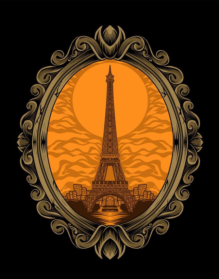 ilustração da torre eiffel com ornamentos de gravura vintage vetor