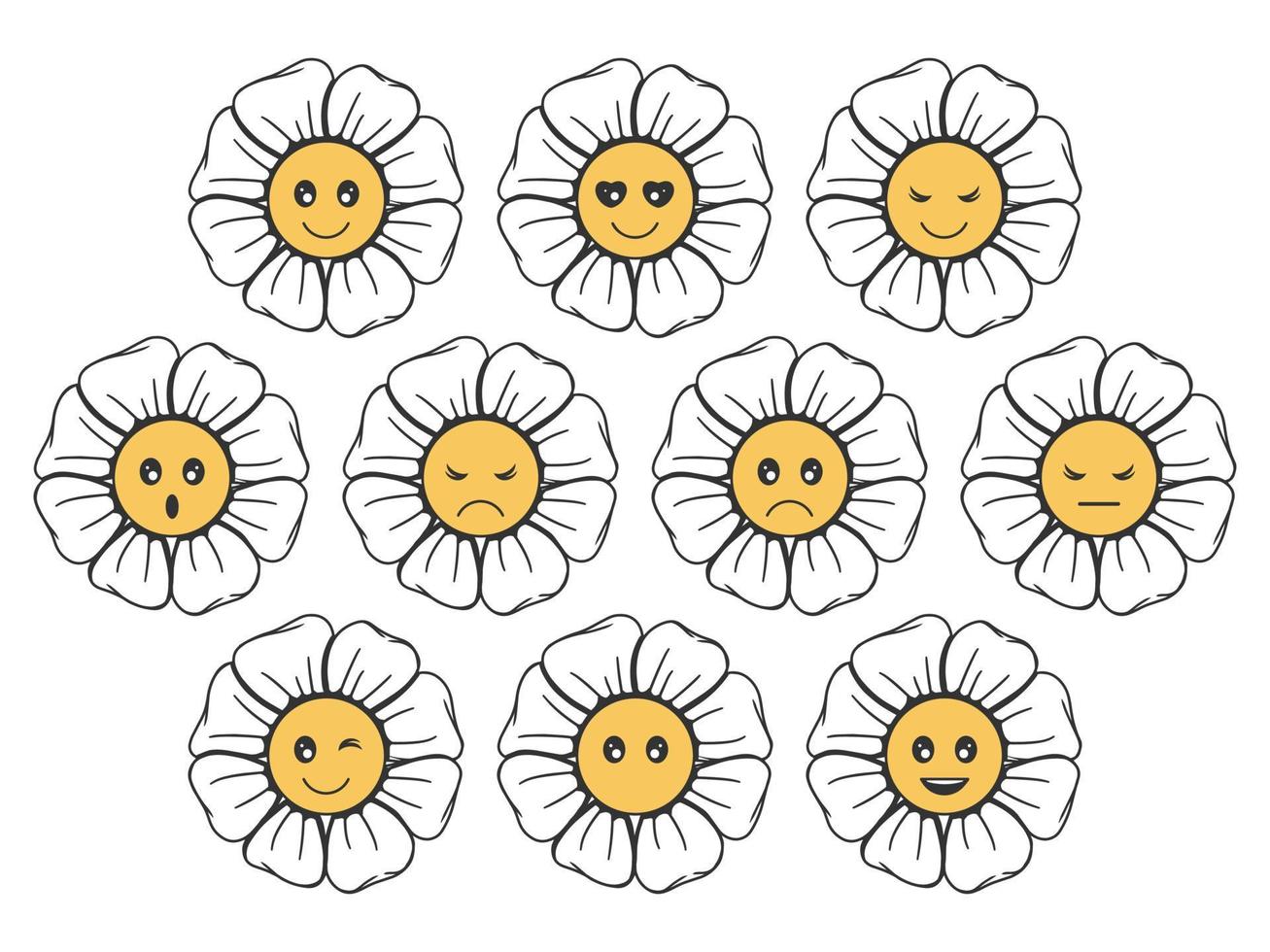 coleção de emojis monocromáticos e coloridos em forma de flor. um conjunto de emoticons. ilustração vetorial. isolado no branco. vetor