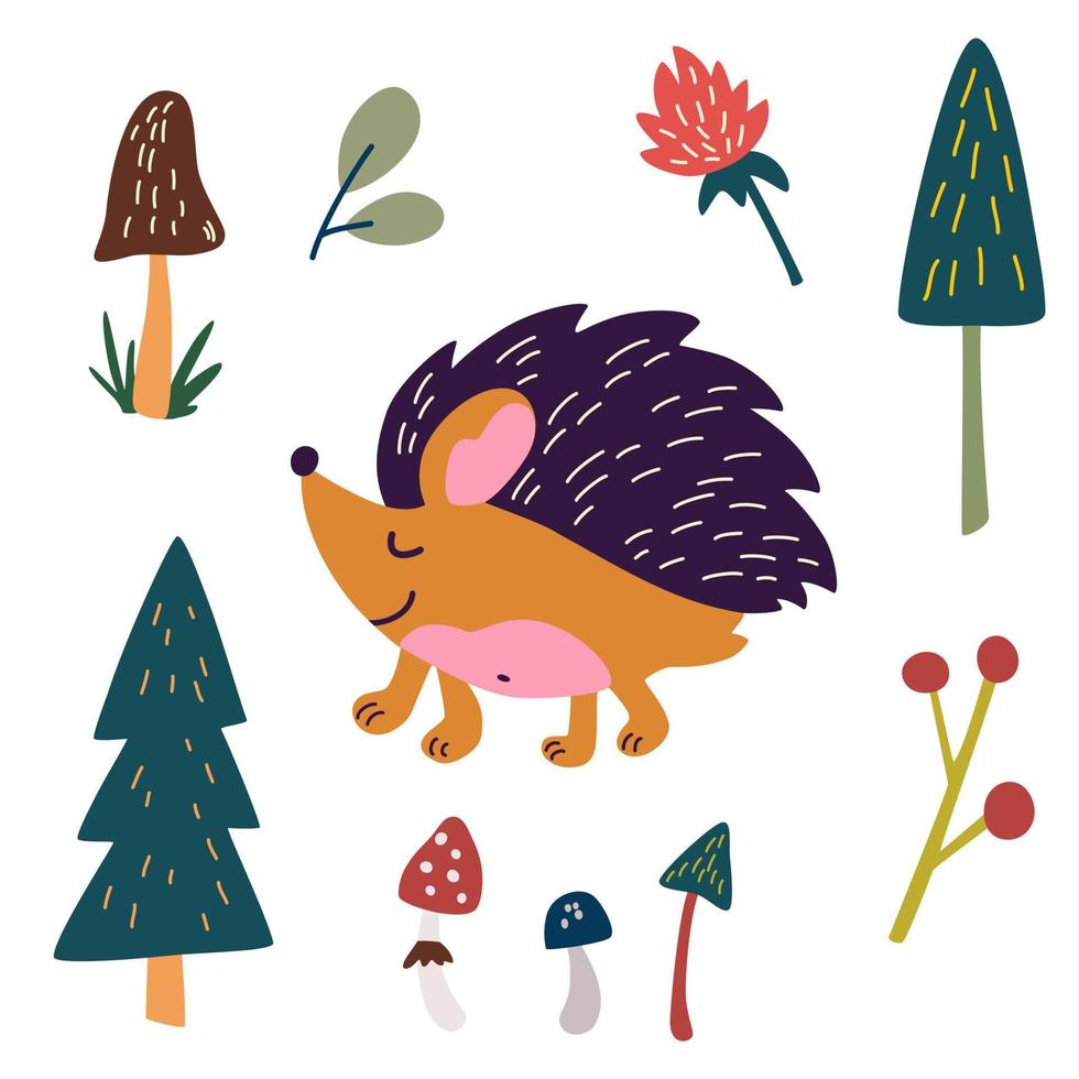 ouriço e plantas florestais. personagem animal espinhoso da floresta. pinheiro, cogumelos, flores. mão desenhar ilustração vetorial em estilo escandinavo vetor