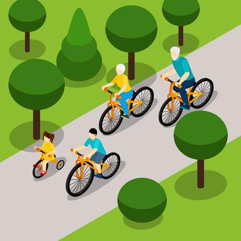 Avós, ciclismo, com, crianças, isometric, bandeira vetor