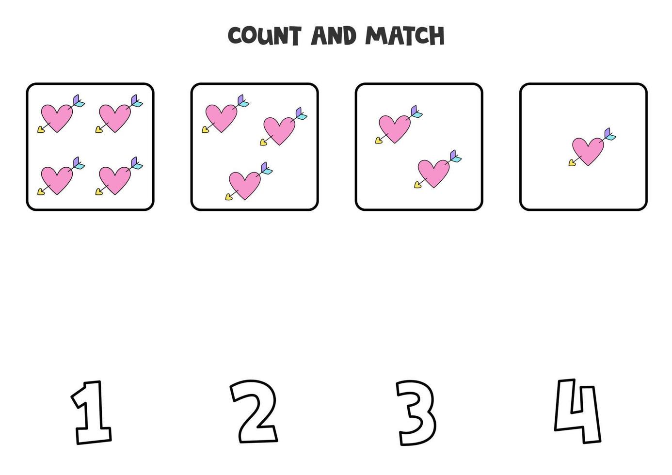 jogo de contagem com bonitos corações rosa. planilha de matemática. vetor