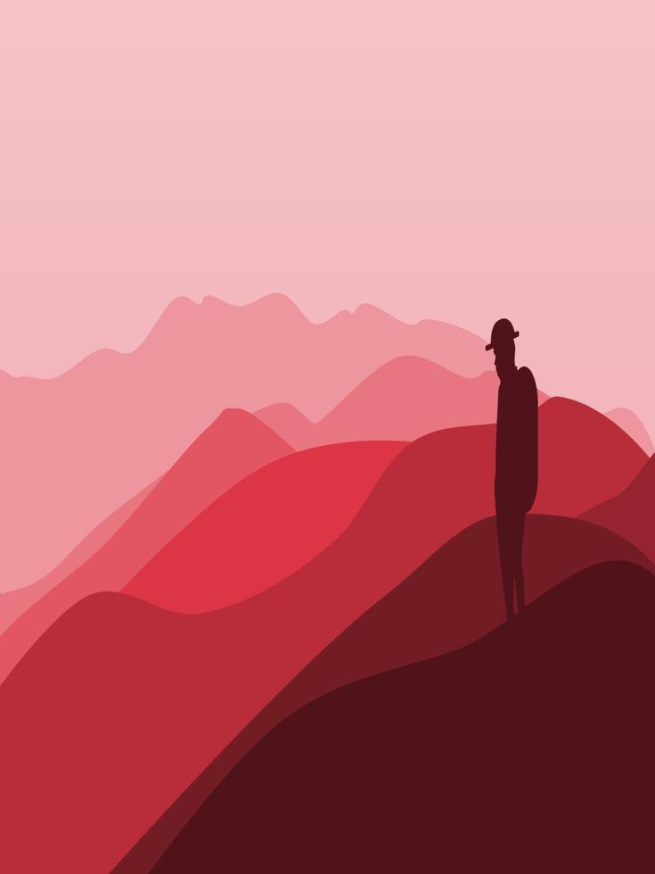 ilustração em vetor de um homem de pé em uma montanha com vista para uma bela cordilheira. nascer e pôr do sol nas montanhas.