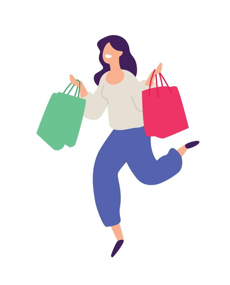 ilustração de uma menina com compras. vetor. ilustração plana positiva no estilo cartoon. descontos e vendas. compras compulsivas. Vendas online. comprador de mercadorias. vetor