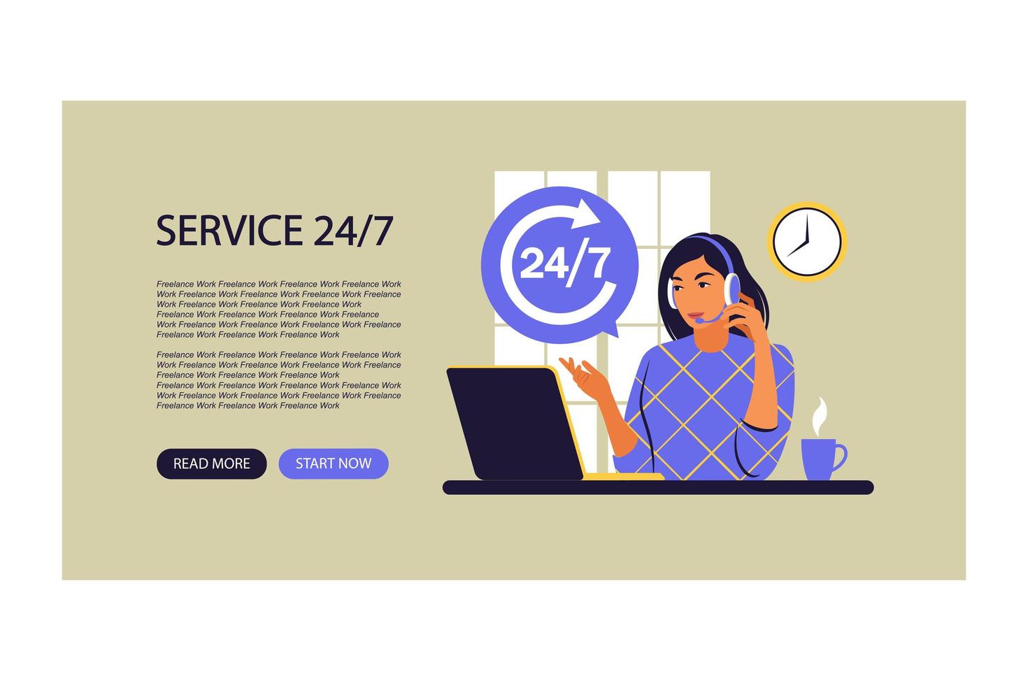 serviço 24 7 conceito. suporte de call center. formulário de página de destino para web. ilustração vetorial. plano. vetor