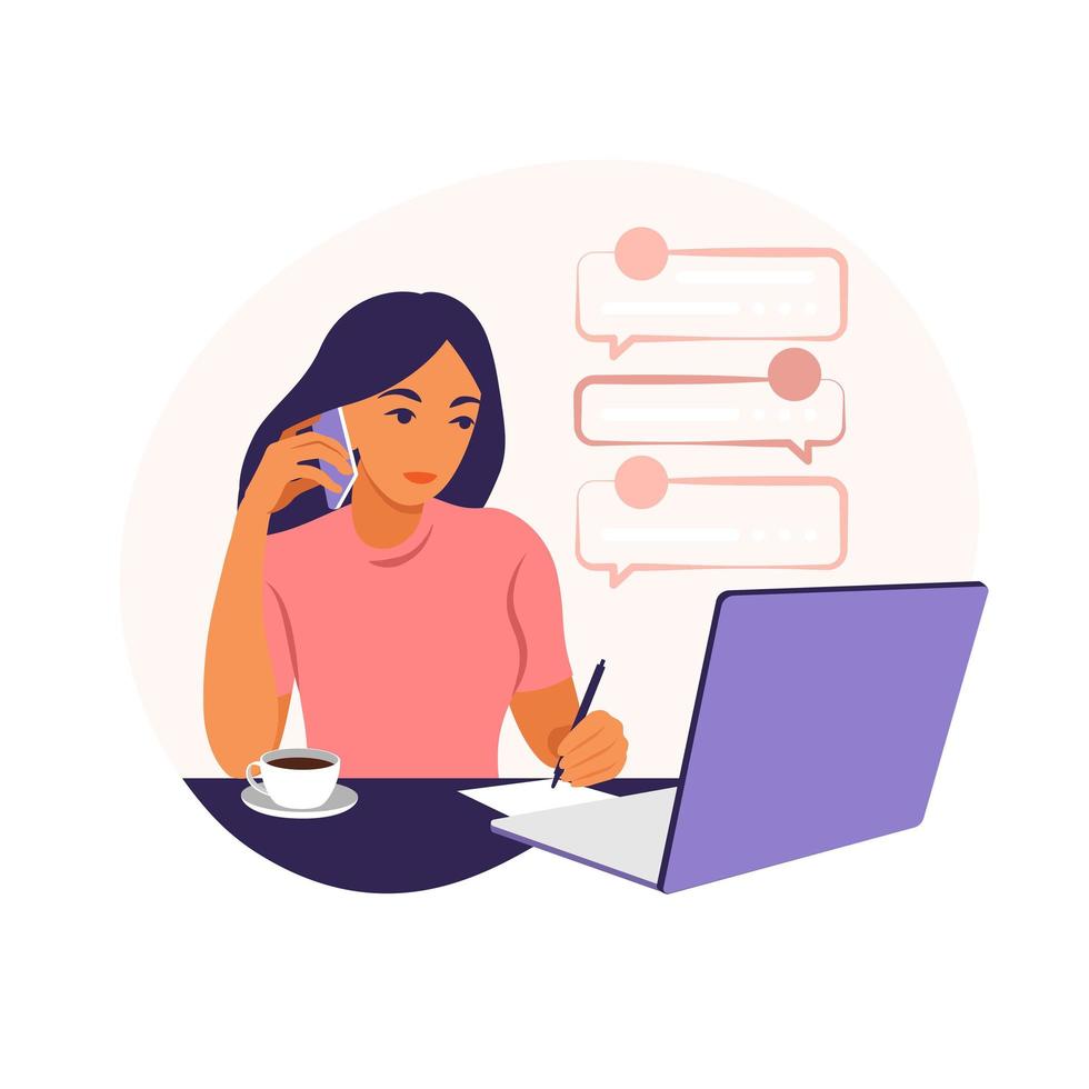 uma mulher trabalha em um laptop e fala ao telefone, sentada à mesa em casa com uma xícara de café e papéis. ilustração vetorial. apartamento. vetor