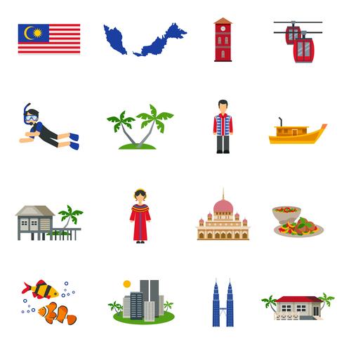 Conjunto de ícones plana de símbolos de cultura da Malásia vetor