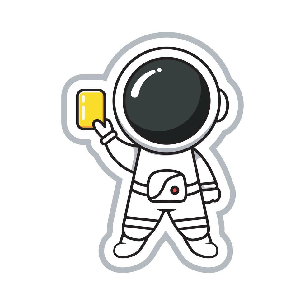 ilustração vetorial de adesivo de estilo de astronauta segurando um cartão amarelo design de personagem fofo vetor