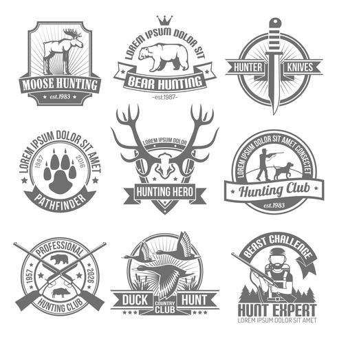 Conjunto de emblemas de caça preto vetor