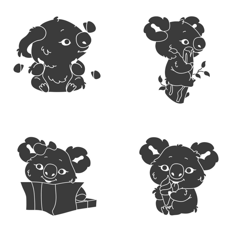 conjunto de ícones de glifo de personagem coala kawaii bonito. animal adorável e engraçado em caixa de presente, comendo adesivo de sorvete. anime bebê coala sentado na silhueta de emoji do ramo. ilustração isolada do vetor