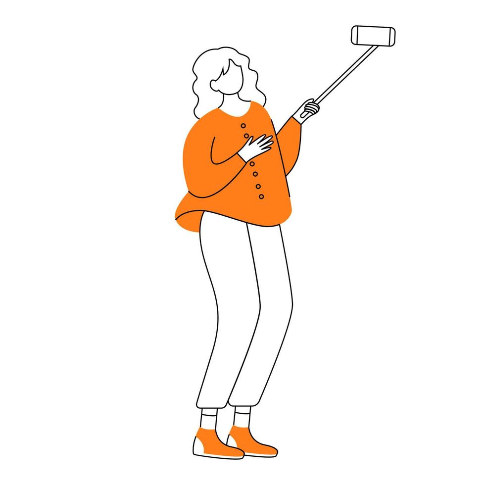 adolescente leva ilustração em vetor contorno plana selfie telefone. jovem mulher com smartphone e monopé isolado personagem de contorno de desenho animado em fundo branco. desenho simples de streamer de vídeo