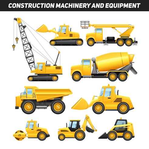 Conjunto de ícones plana de maquinaria de equipamento de construção vetor