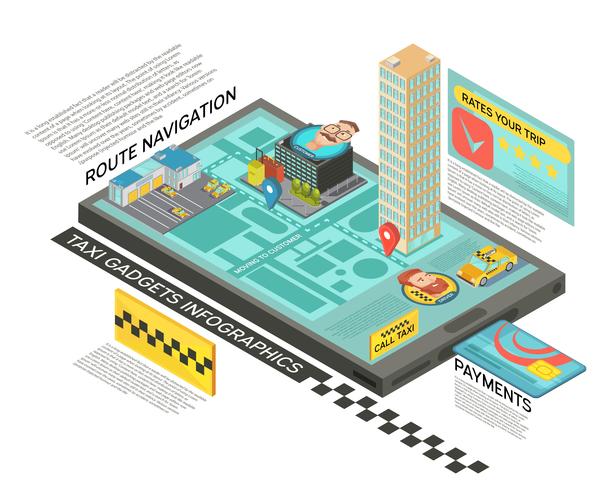 Serviço de táxi on-line Infográfico isométrico vetor