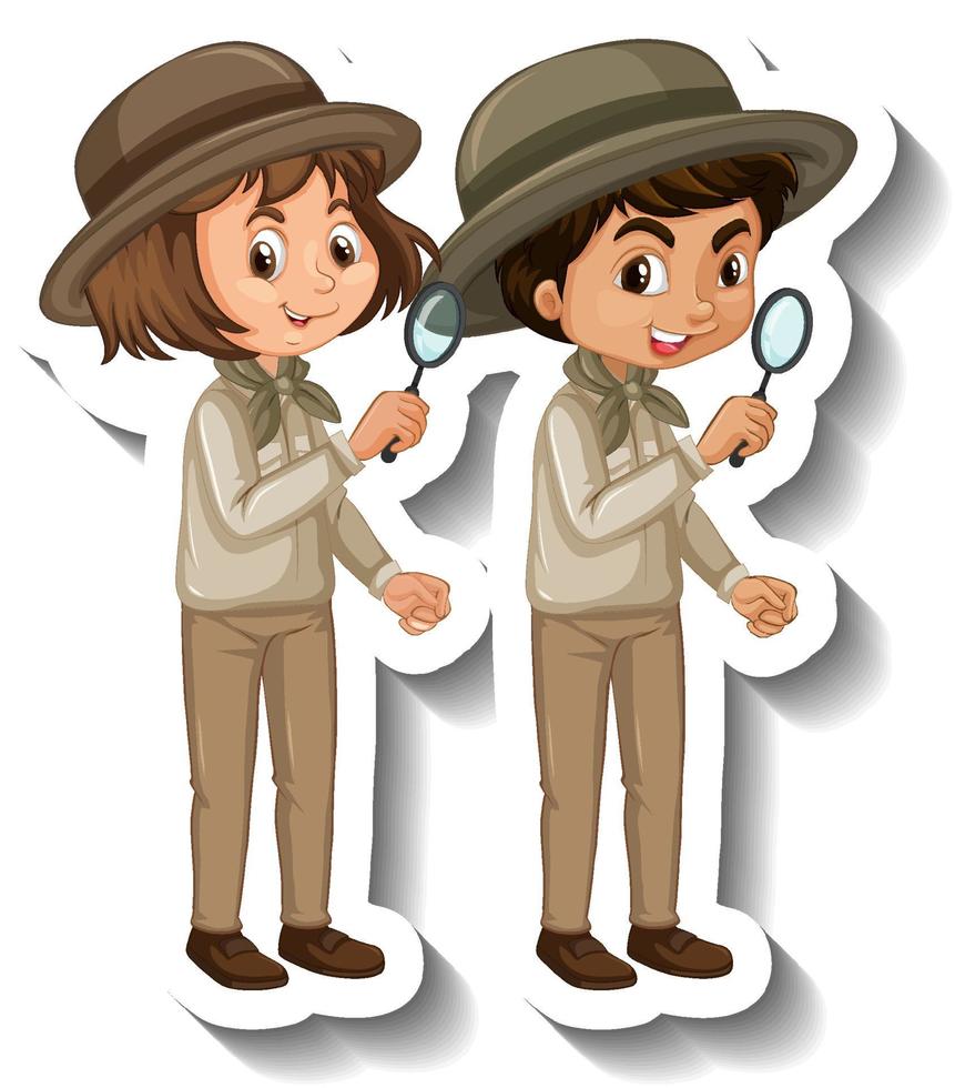 Adesivo de casal de filhos usando roupa de safari de personagem de desenho animado vetor