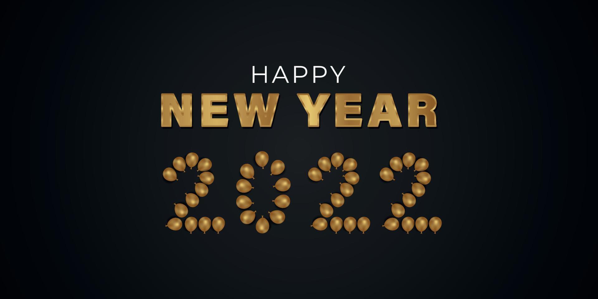 feliz ano novo 2022 balões 3D e efeito de texto dourado em um fundo preto vetor