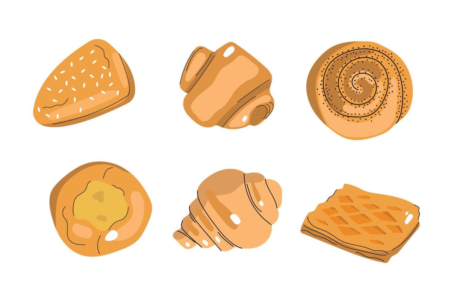 mão desenhado conjunto de produtos de panificação. ilustração plana de pães, pastelaria para web e design de impressão. vetor