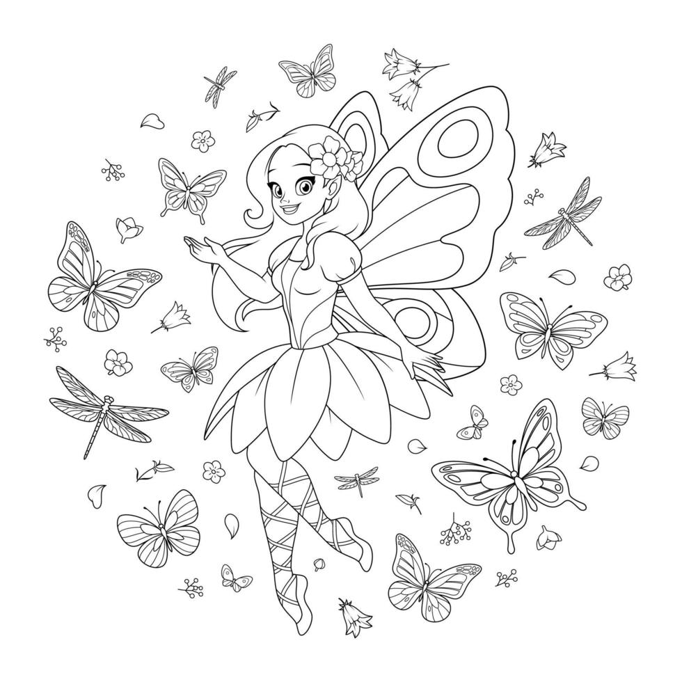 bela fada voadora com asas rodeadas de flores e borboletas. ilustração em vetor preto e branco para colorir a página do livro.