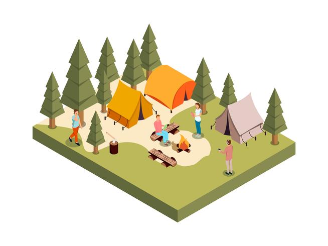 Composição isométrica de acampamento de floresta vetor