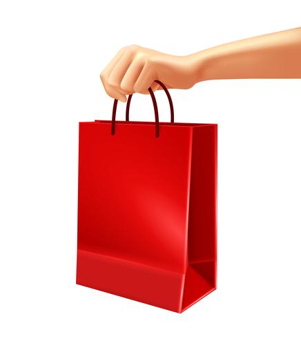 Mão, segurando, vermelho, saco shopping, ilustração vetor