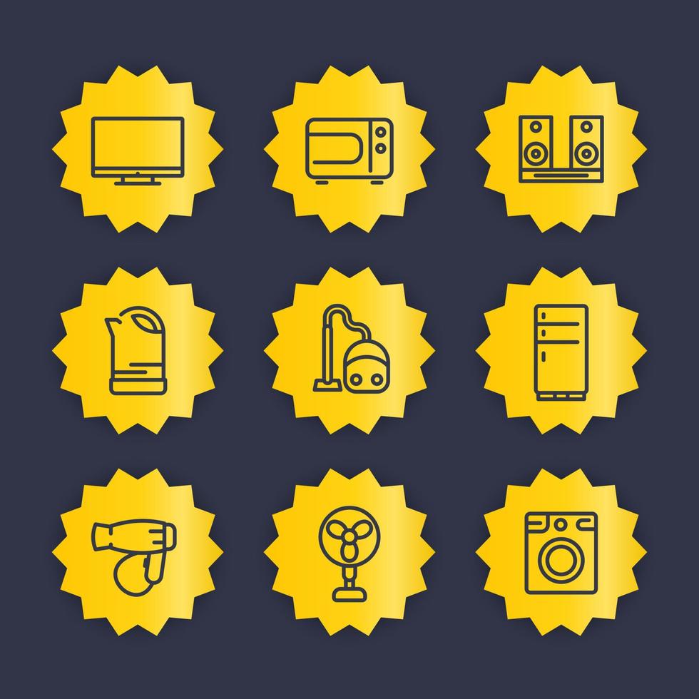 conjunto de ícones de linha de aparelhos, pictogramas de vetor de eletrônicos de consumo doméstico, tv, forno de microondas, sistema de áudio, chaleira, aspirador de pó, geladeira, secador de cabelo, ventilador, máquina de lavar