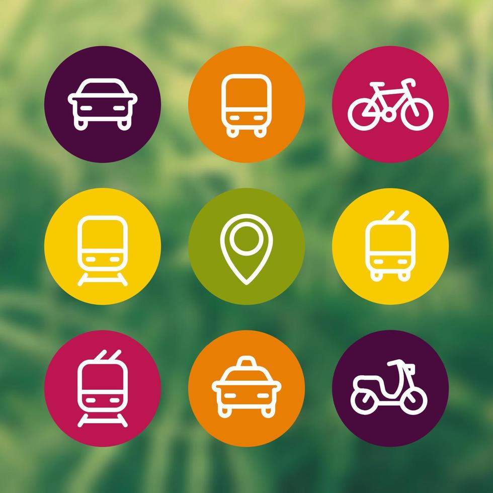 ícones de cidade e transporte público, conjunto de cores redondas, ícones do vetor de transporte público, ícone de ônibus, sinal de metrô, táxi, transporte público
