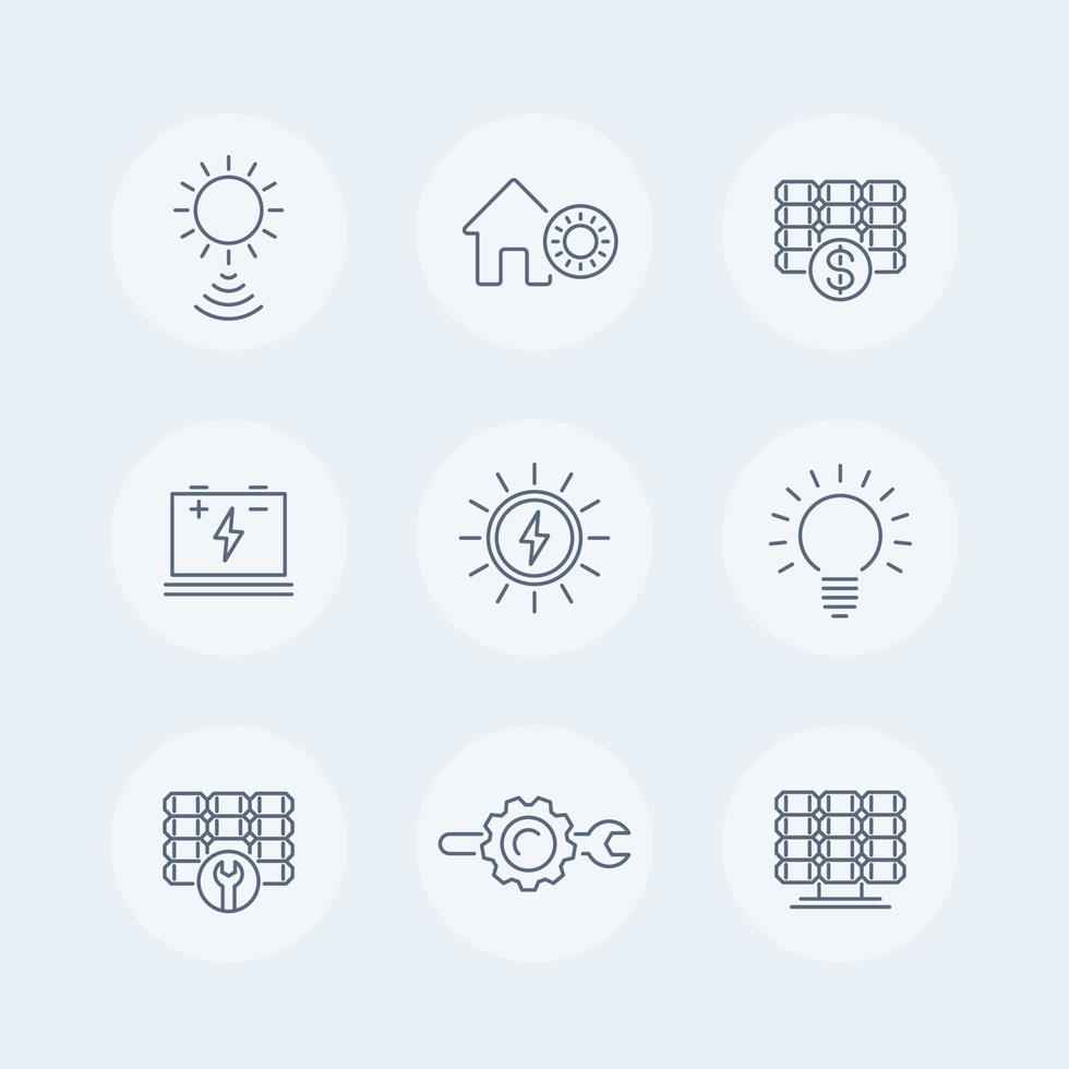 ícones de linha de energia solar, ícone de painel solar, energia solar, painéis, planta, ícones redondos isolados, ilustração vetorial vetor