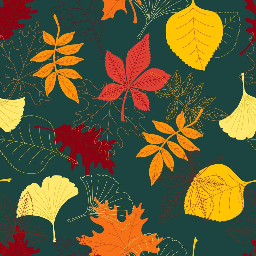 folhas de outono coloridas padrão sem emenda de vetor. textura de folhagem, bordo, tília, sorveira, carvalho, castanha, ginkgo. vetor