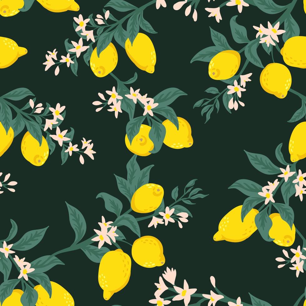 verão tropical sem costura padrão com fundo de frutas cítricas e limões coloridos flowers.vector. design floral exótico moderno para papel, capa, tecido, decoração de interiores e outros usuários. vetor