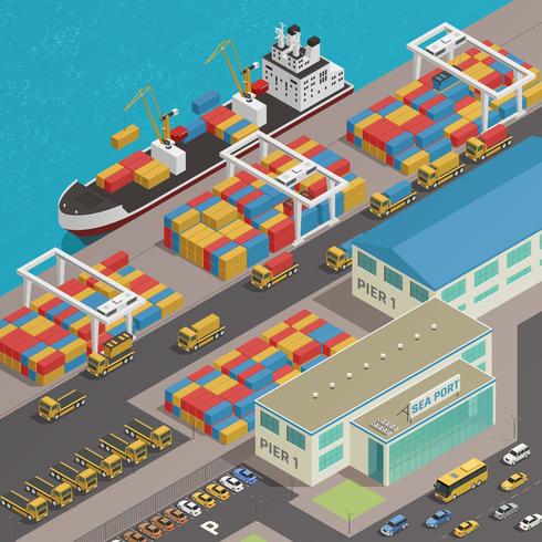 Frete Barge Harbour Wharf Isometric vetor