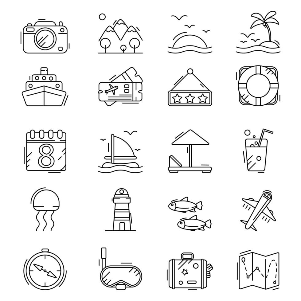 ilustração vetorial conjunto de ícones de contorno de tour e viagens vetor