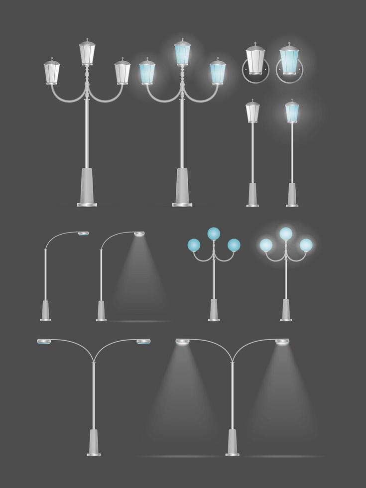 um conjunto de lanternas metálicas que brilham. poste de luz com luz realista. vetor. vetor